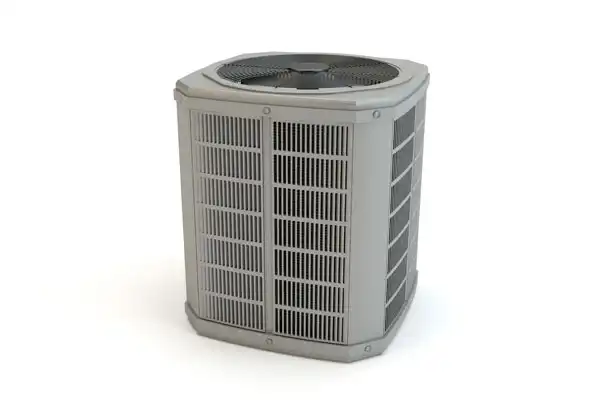 Outdoor air conditioning unit featuring a metal grille, fan on top, and vertical slats on the sides. Perfect for keeping your space cool, this efficient air conditioning solution boasts robust design and straightforward access for any future air conditioning repair needs.