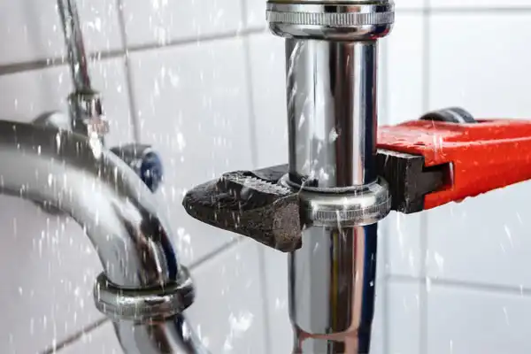 A wrench is tightening a leaking pipe joint, with water spraying out, against a white tiled wall.