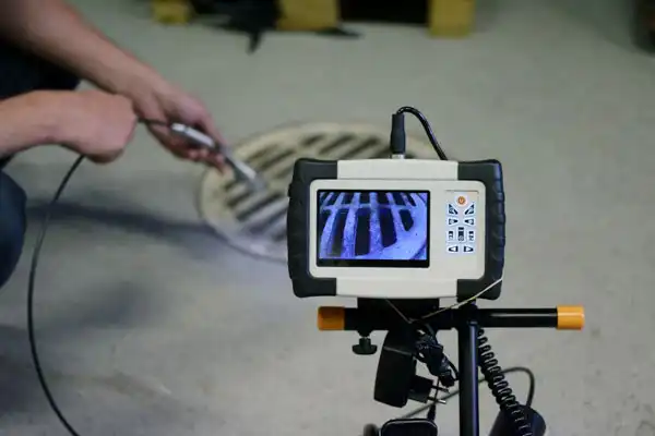 A person uses a handheld inspection camera to examine a drain, with the camera screen displaying the interior of the drain grate.