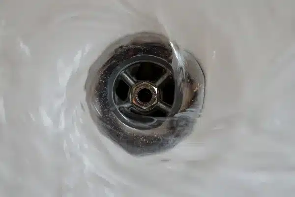 Water swirling down a metal sink drain, creating a whirlpool effect.