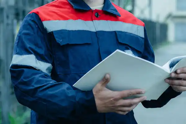 Person in a navy blue and red uniform holding an open binder outdoors.