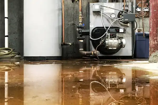Basement with a water heater and boiler, showing water on the floor indicating a possible leak or flooding issue.