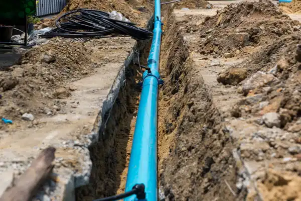 Blue plastic pipe installed in a dug trench at a construction site, surrounded by dirt and construction materials.